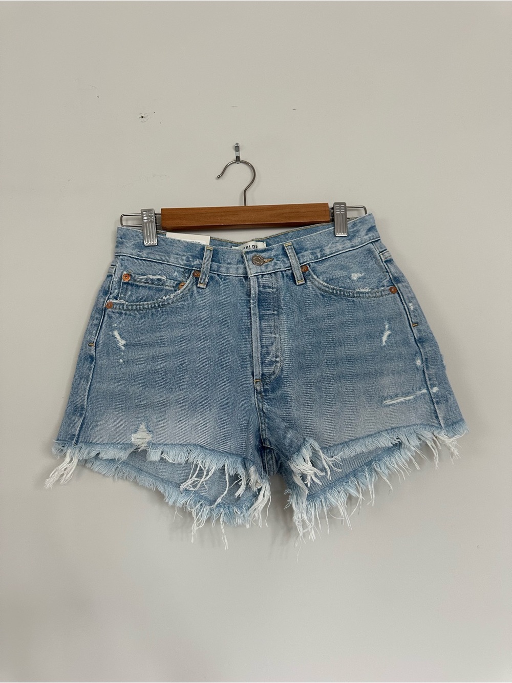 Agolde Light Blue Distressed High-Rise Denim Shorts